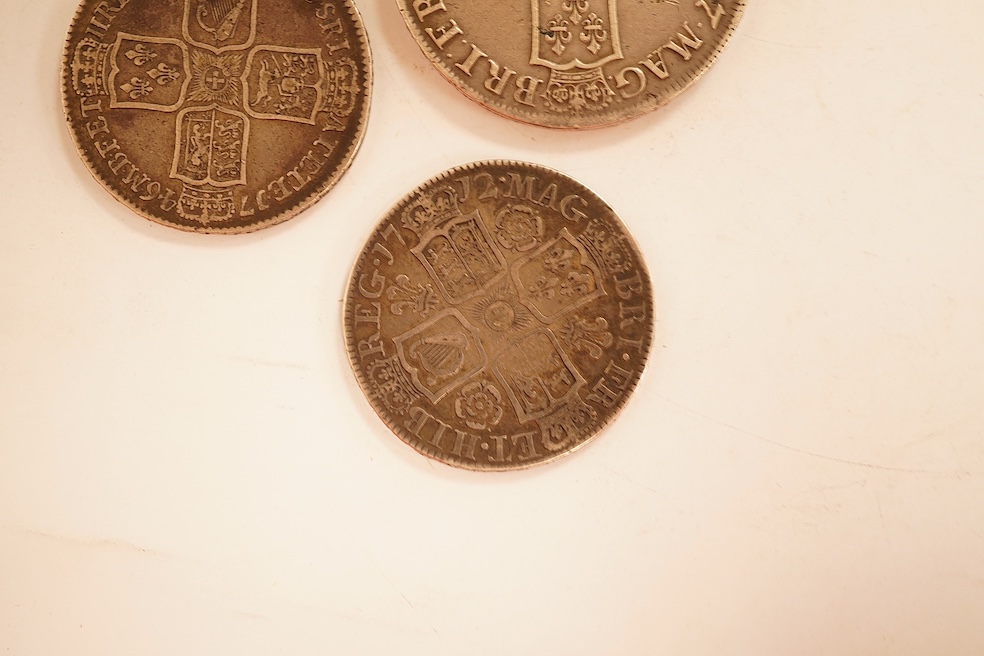 British silver coins, Anne (1702-1714), crown, 1707E, fine or better, halfcrown, 1712, fine or better, George II (1727-1760) halfcrown, 1746 Lima, near VF